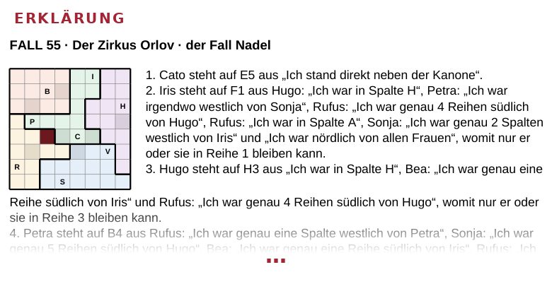 Die Lösung eines Falls: oben das gelöste Raster, darunter die Begründung
