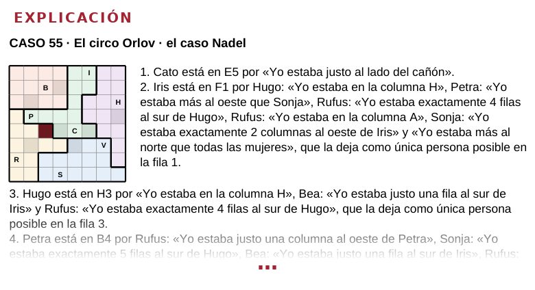La solución de un caso: la retícula resuelta arriba y el razonamiento paso a paso debajo