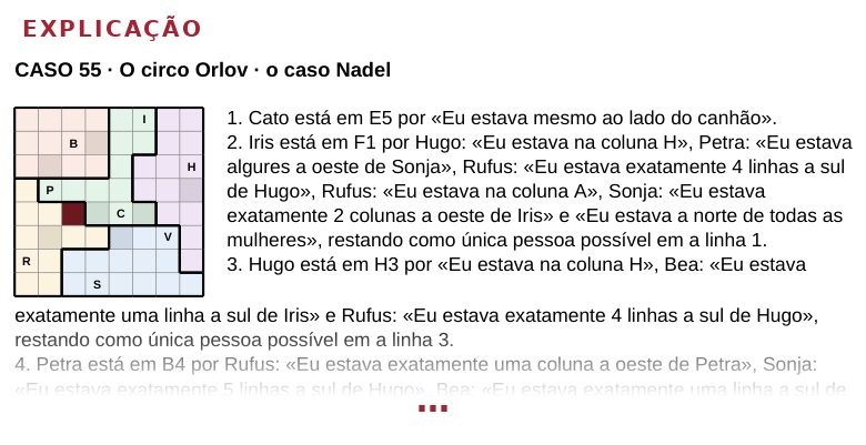 A solução de um caso: a grelha resolvida em cima e o raciocínio por baixo